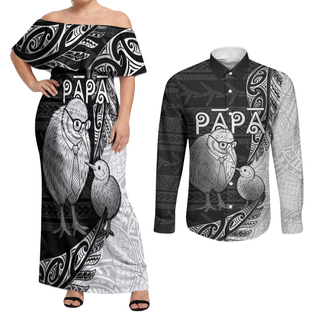 Personalised New Zealand Father's Day Couples Matching Off Shoulder Maxi Dress and Long Sleeve Button Shirt Papa Kiwi Bird Tribal Pattern