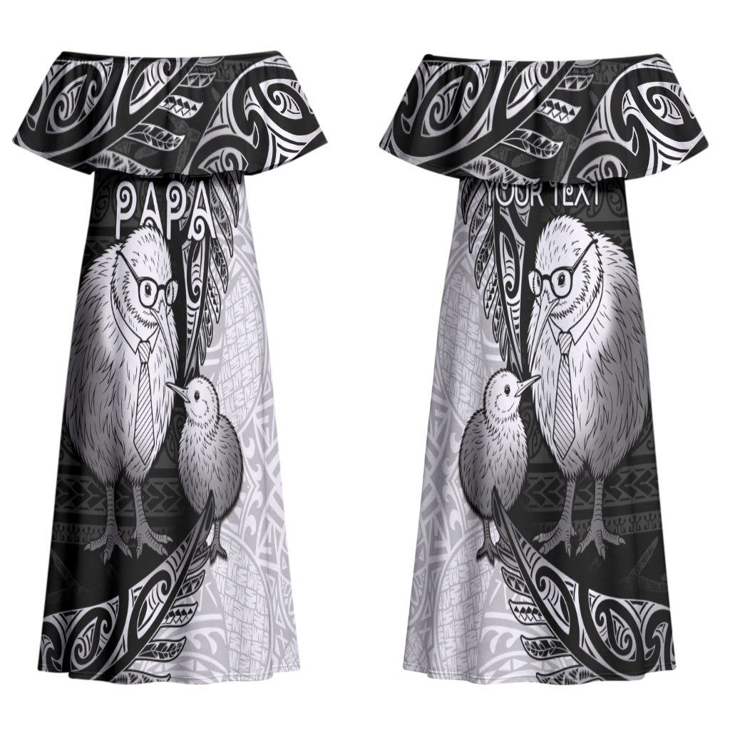 Personalised New Zealand Father's Day Couples Matching Off Shoulder Maxi Dress and Long Sleeve Button Shirt Papa Kiwi Bird Tribal Pattern