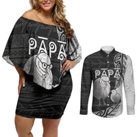 Personalised New Zealand Father's Day Couples Matching Off Shoulder Short Dress and Long Sleeve Button Shirt Papa Kiwi Bird Tribal Pattern