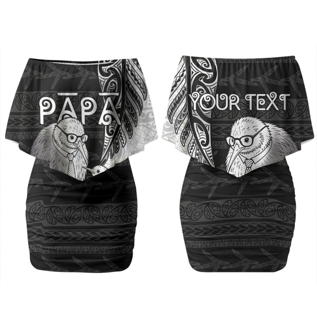 Personalised New Zealand Father's Day Couples Matching Off Shoulder Short Dress and Long Sleeve Button Shirt Papa Kiwi Bird Tribal Pattern