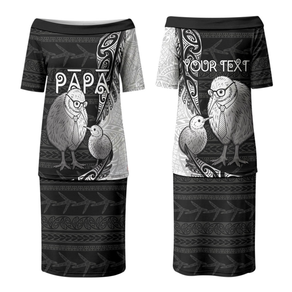 Personalised New Zealand Father's Day Couples Matching Puletasi and Hawaiian Shirt Papa Kiwi Bird Tribal Pattern
