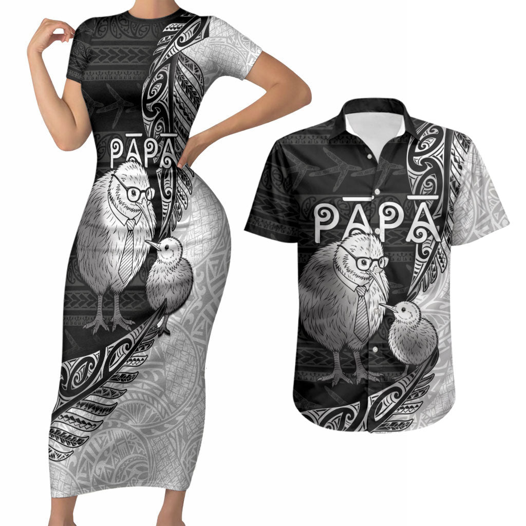 Personalised New Zealand Father's Day Couples Matching Short Sleeve Bodycon Dress and Hawaiian Shirt Papa Kiwi Bird Tribal Pattern