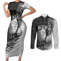 Personalised New Zealand Father's Day Couples Matching Short Sleeve Bodycon Dress and Long Sleeve Button Shirt Papa Kiwi Bird Tribal Pattern