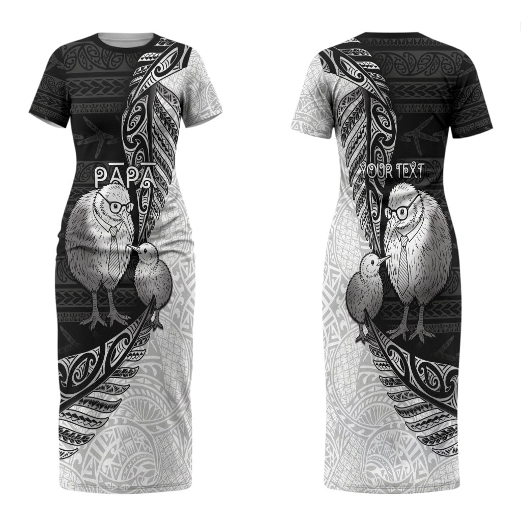 Personalised New Zealand Father's Day Couples Matching Short Sleeve Bodycon Dress and Long Sleeve Button Shirt Papa Kiwi Bird Tribal Pattern