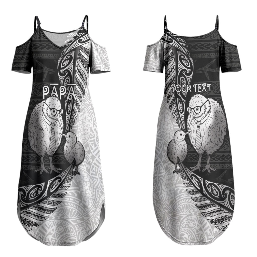 Personalised New Zealand Father's Day Couples Matching Summer Maxi Dress and Long Sleeve Button Shirt Papa Kiwi Bird Tribal Pattern