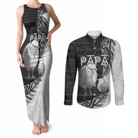 Personalised New Zealand Father's Day Couples Matching Tank Maxi Dress and Long Sleeve Button Shirt Papa Kiwi Bird Tribal Pattern