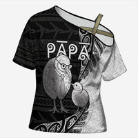 Personalised New Zealand Father's Day Cross Shoulder Shirt Papa Kiwi Bird Tribal Pattern