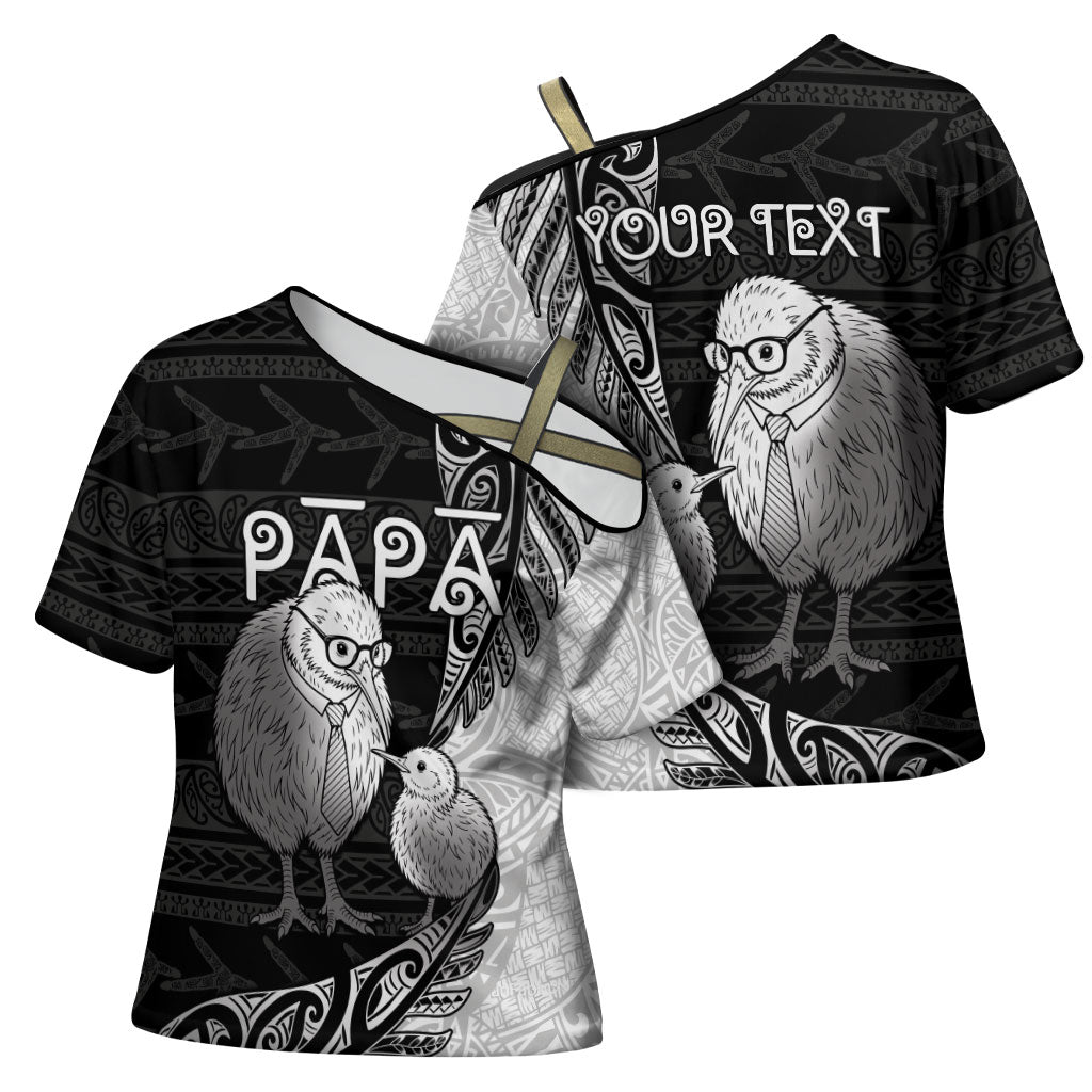 Personalised New Zealand Father's Day Cross Shoulder Shirt Papa Kiwi Bird Tribal Pattern