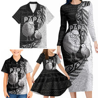 Personalised New Zealand Father's Day Family Matching Long Sleeve Bodycon Dress and Hawaiian Shirt Papa Kiwi Bird Tribal Pattern