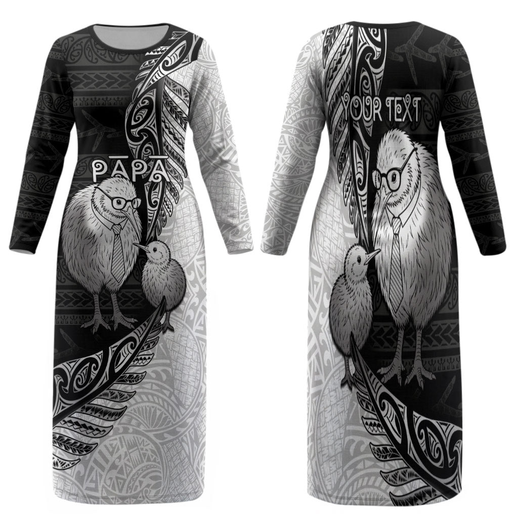 Personalised New Zealand Father's Day Family Matching Long Sleeve Bodycon Dress and Hawaiian Shirt Papa Kiwi Bird Tribal Pattern