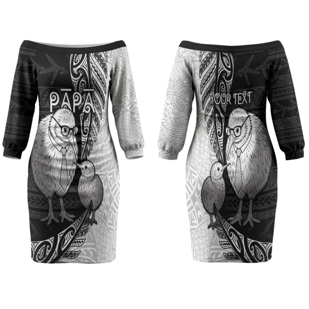 Personalised New Zealand Father's Day Family Matching Off The Shoulder Long Sleeve Dress and Hawaiian Shirt Papa Kiwi Bird Tribal Pattern