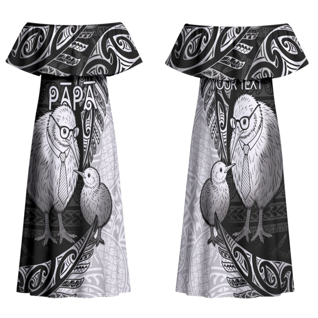 Personalised New Zealand Father's Day Family Matching Off Shoulder Maxi Dress and Hawaiian Shirt Papa Kiwi Bird Tribal Pattern