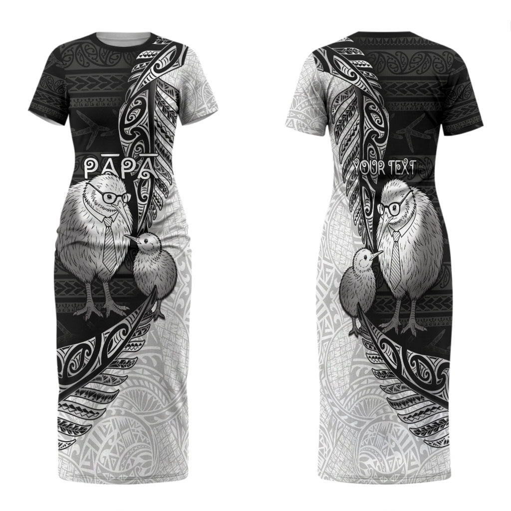 Personalised New Zealand Father's Day Family Matching Short Sleeve Bodycon Dress and Hawaiian Shirt Papa Kiwi Bird Tribal Pattern