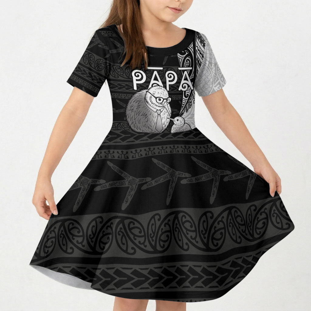 Personalised New Zealand Father's Day Kid Short Sleeve Dress Papa Kiwi Bird Tribal Pattern