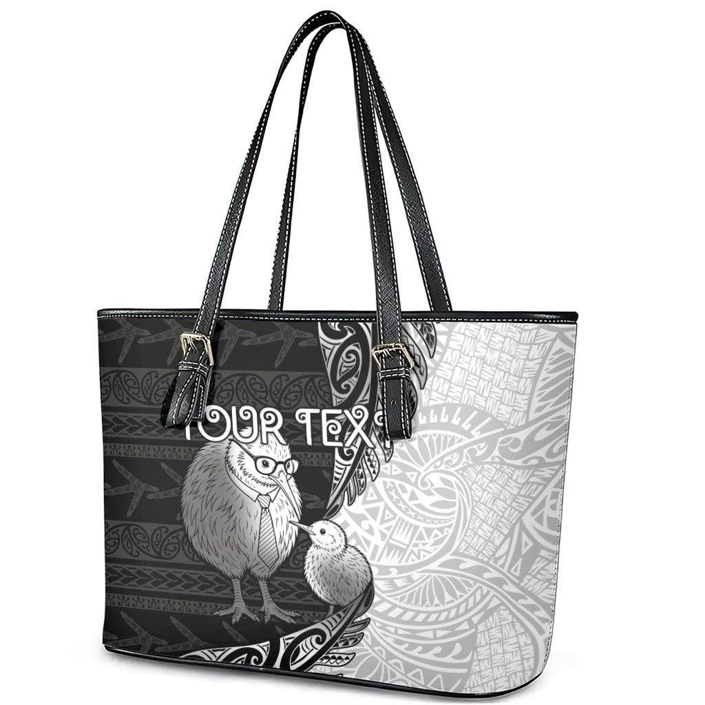 Personalised New Zealand Father's Day Leather Tote Bag Papa Kiwi Bird Tribal Pattern