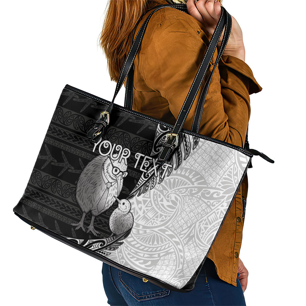 Personalised New Zealand Father's Day Leather Tote Bag Papa Kiwi Bird Tribal Pattern