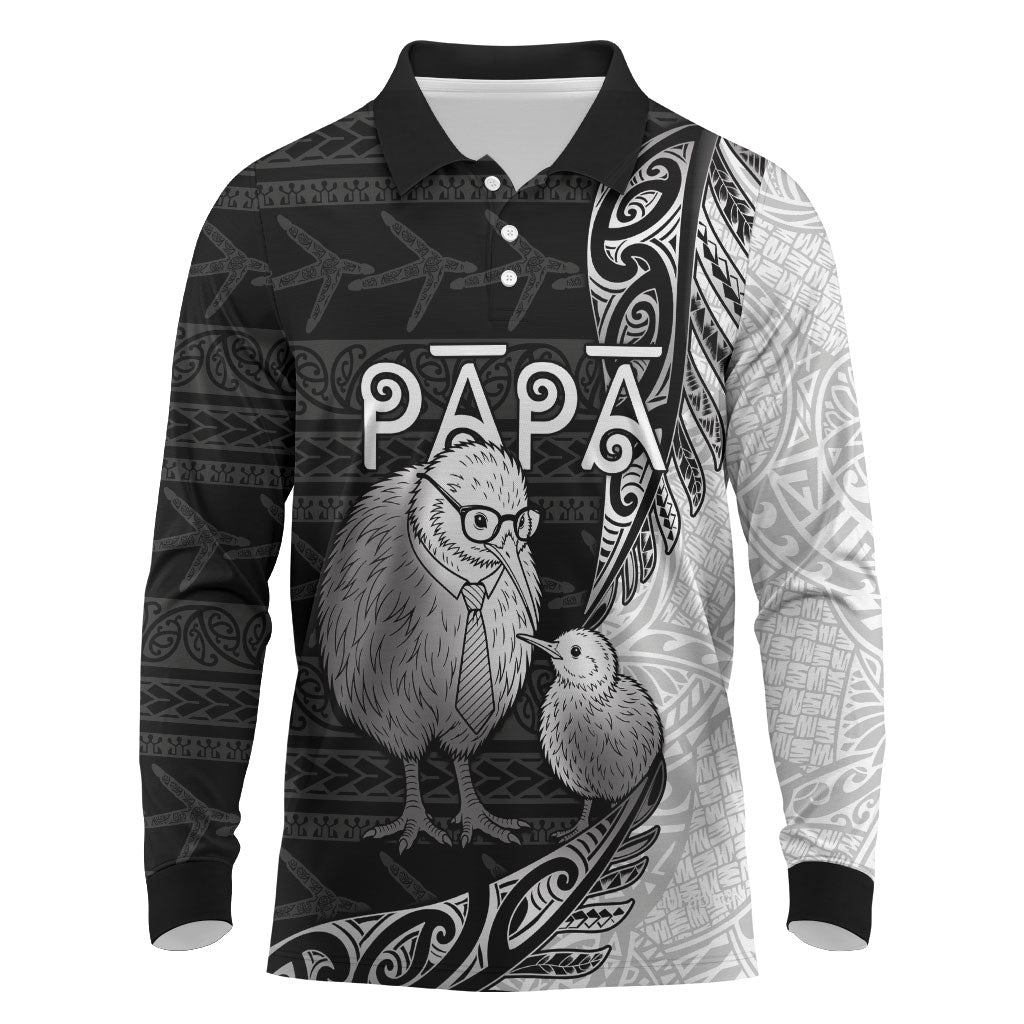Personalised New Zealand Father's Day Long Sleeve Polo Shirt Papa Kiwi Bird Tribal Pattern