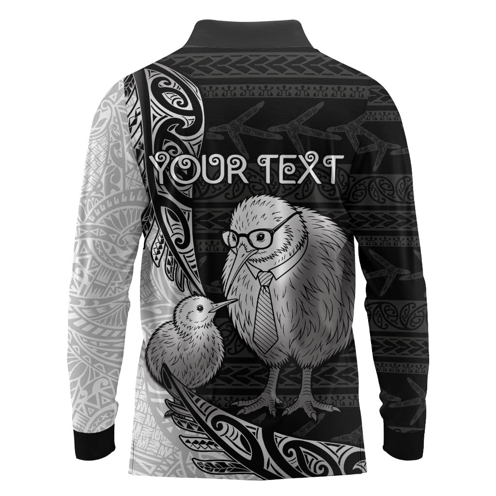 Personalised New Zealand Father's Day Long Sleeve Polo Shirt Papa Kiwi Bird Tribal Pattern
