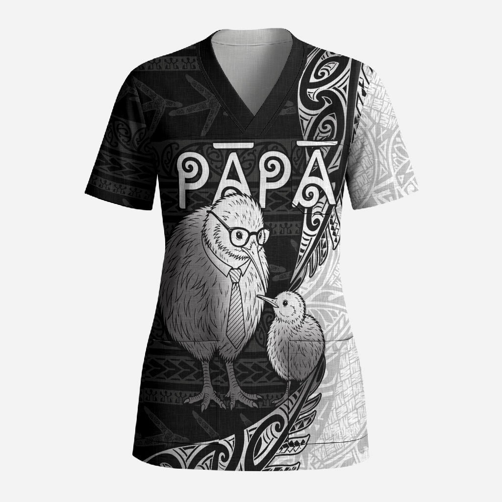 Personalised New Zealand Father's Day Scrub Top Papa Kiwi Bird Tribal Pattern