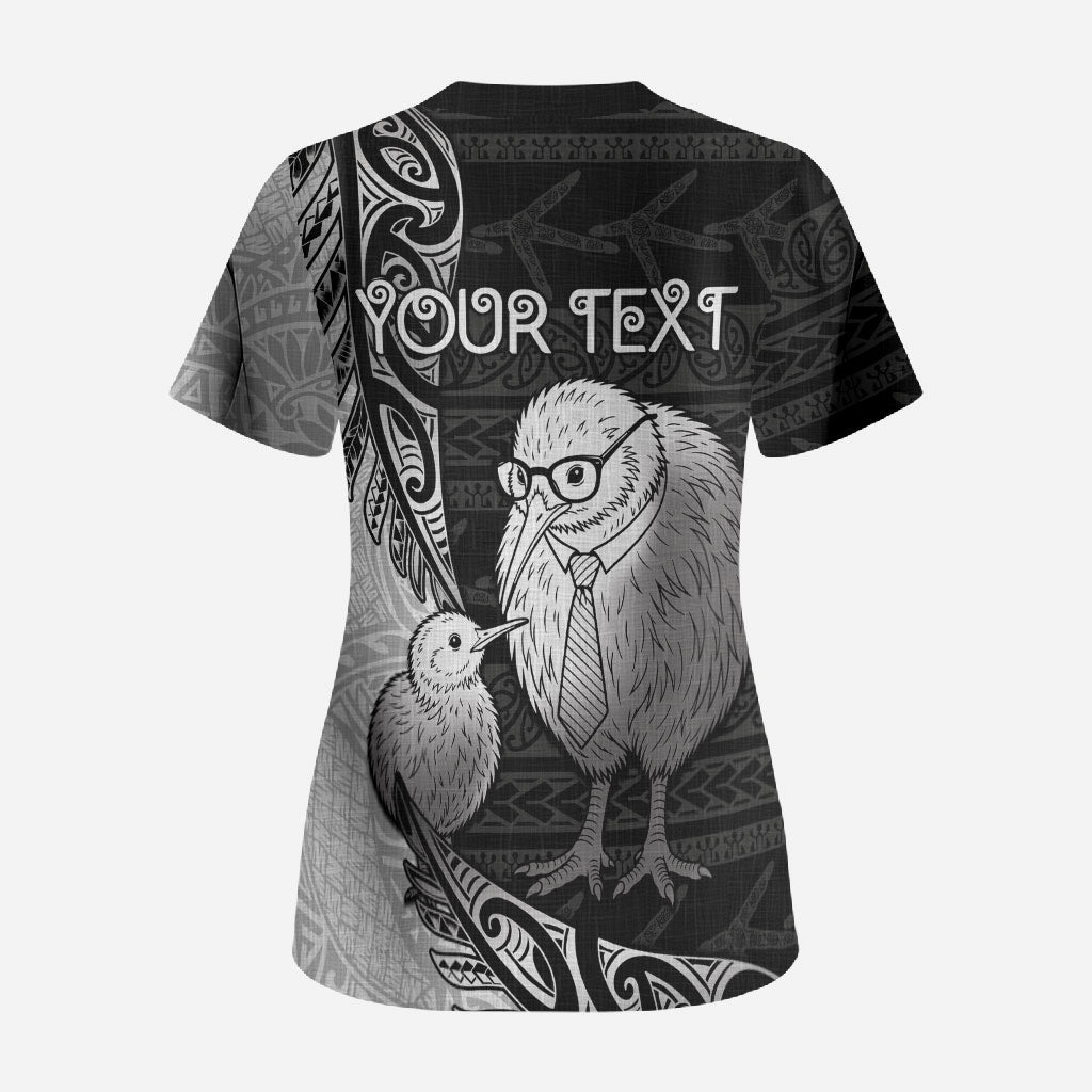 Personalised New Zealand Father's Day Scrub Top Papa Kiwi Bird Tribal Pattern
