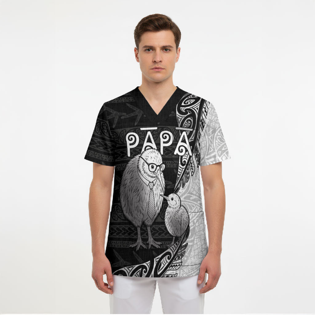 Personalised New Zealand Father's Day Scrub Top Papa Kiwi Bird Tribal Pattern
