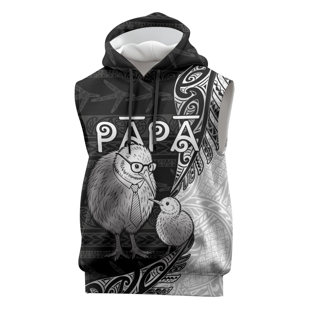 Personalised New Zealand Father's Day Sleeveless Hoodie Papa Kiwi Bird Tribal Pattern