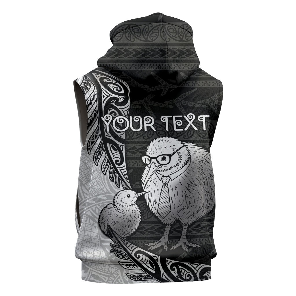 Personalised New Zealand Father's Day Sleeveless Hoodie Papa Kiwi Bird Tribal Pattern