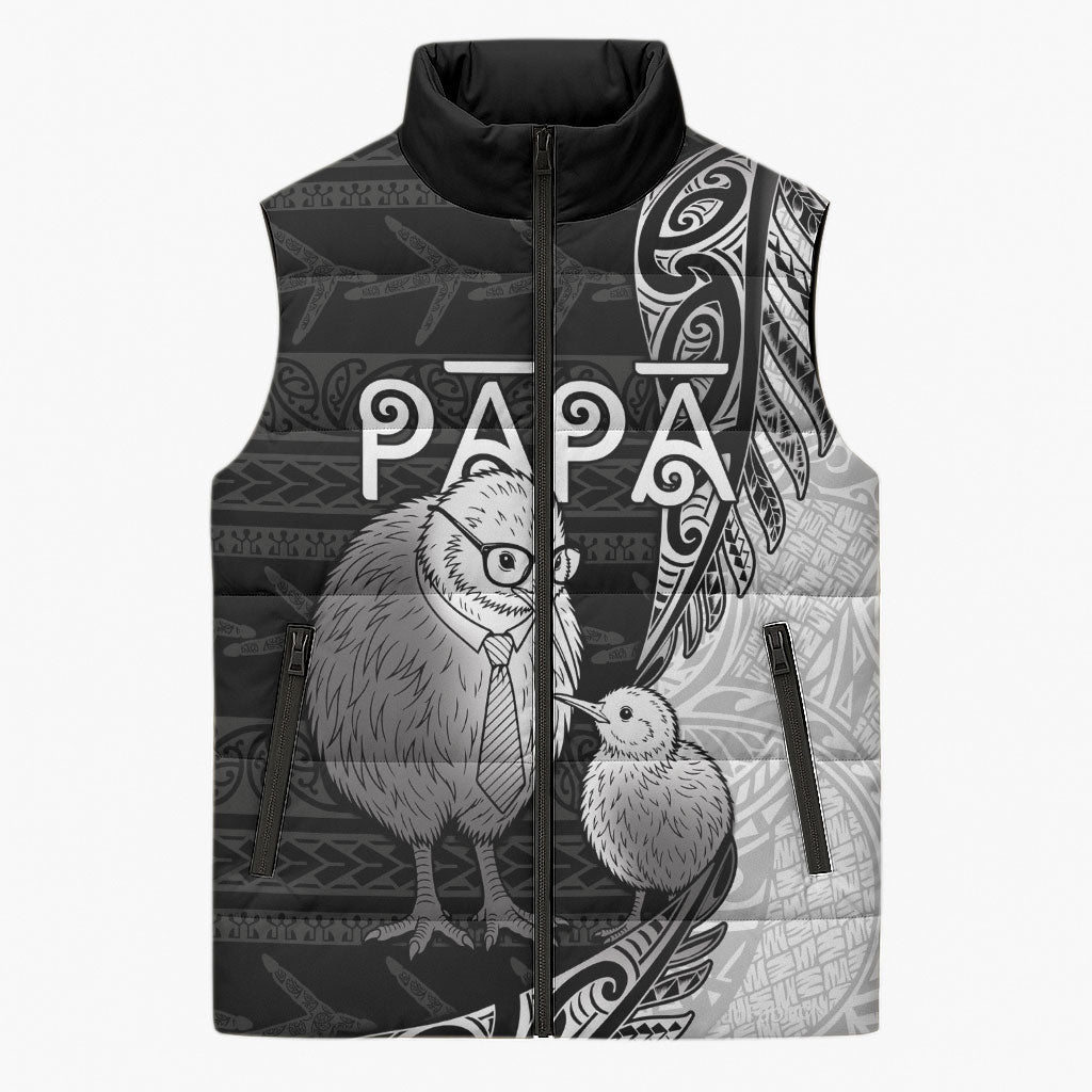 Personalised New Zealand Father's Day Sleeveless Puffer Jacket Papa Kiwi Bird Tribal Pattern