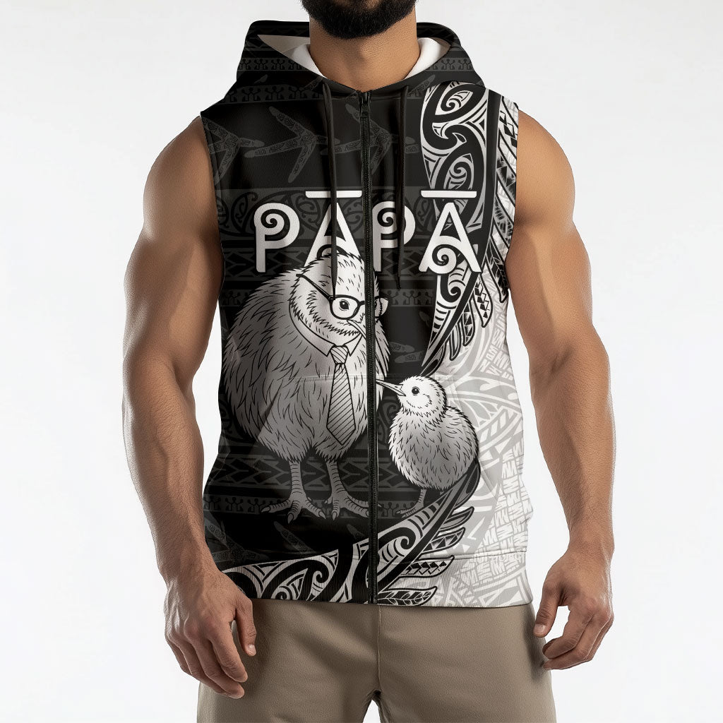 Personalised New Zealand Father's Day Sleeveless Zip Hoodie Papa Kiwi Bird Tribal Pattern