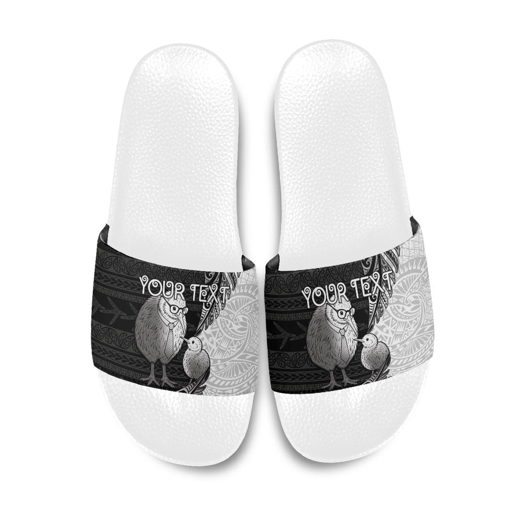 Personalised New Zealand Father's Day Slide Sandals Papa Kiwi Bird Tribal Pattern