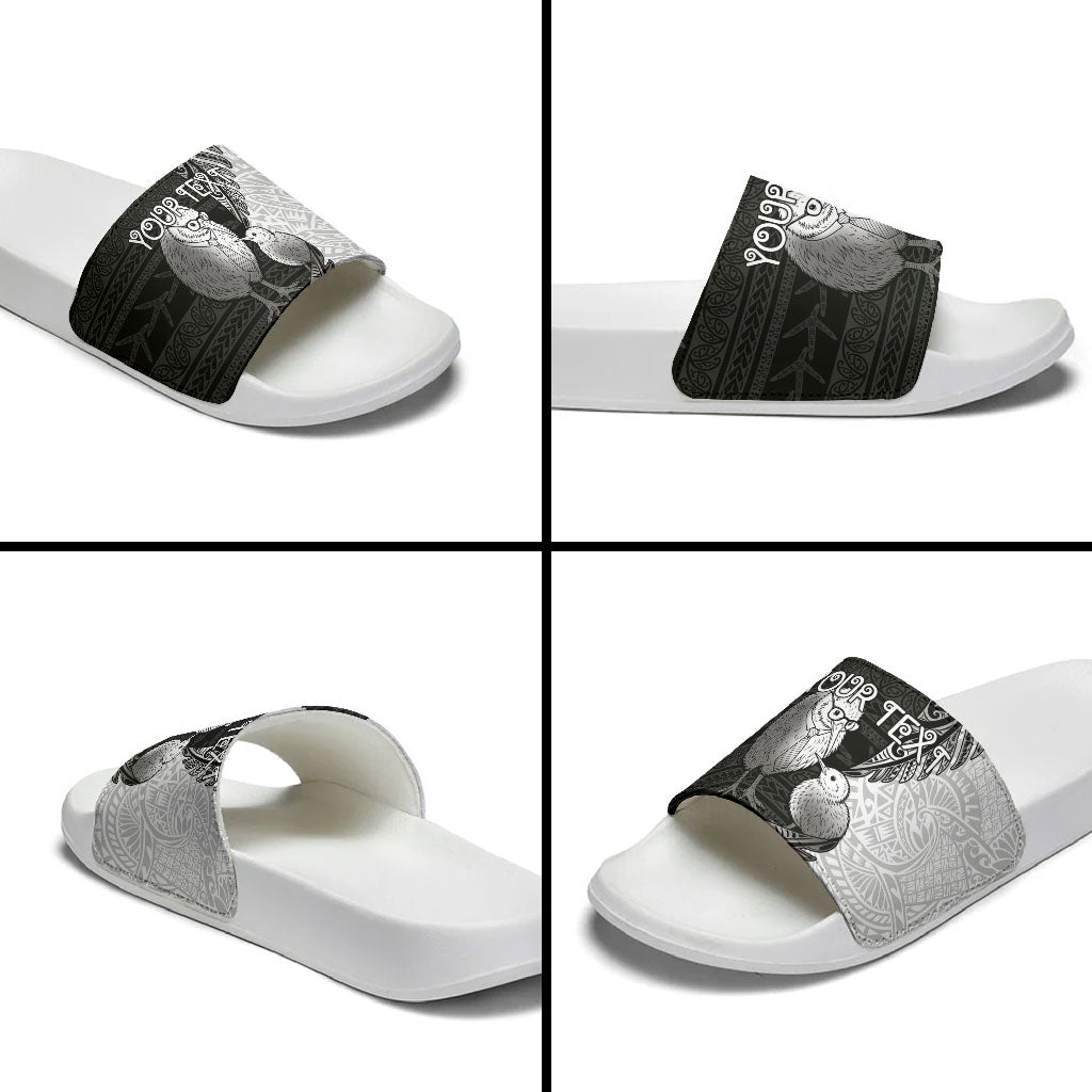 Personalised New Zealand Father's Day Slide Sandals Papa Kiwi Bird Tribal Pattern