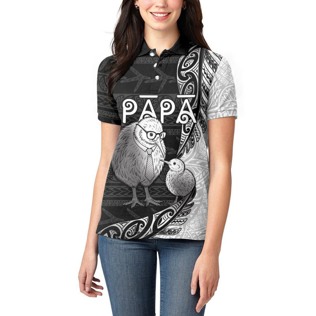 Personalised New Zealand Father's Day Women Polo Shirt Papa Kiwi Bird Tribal Pattern