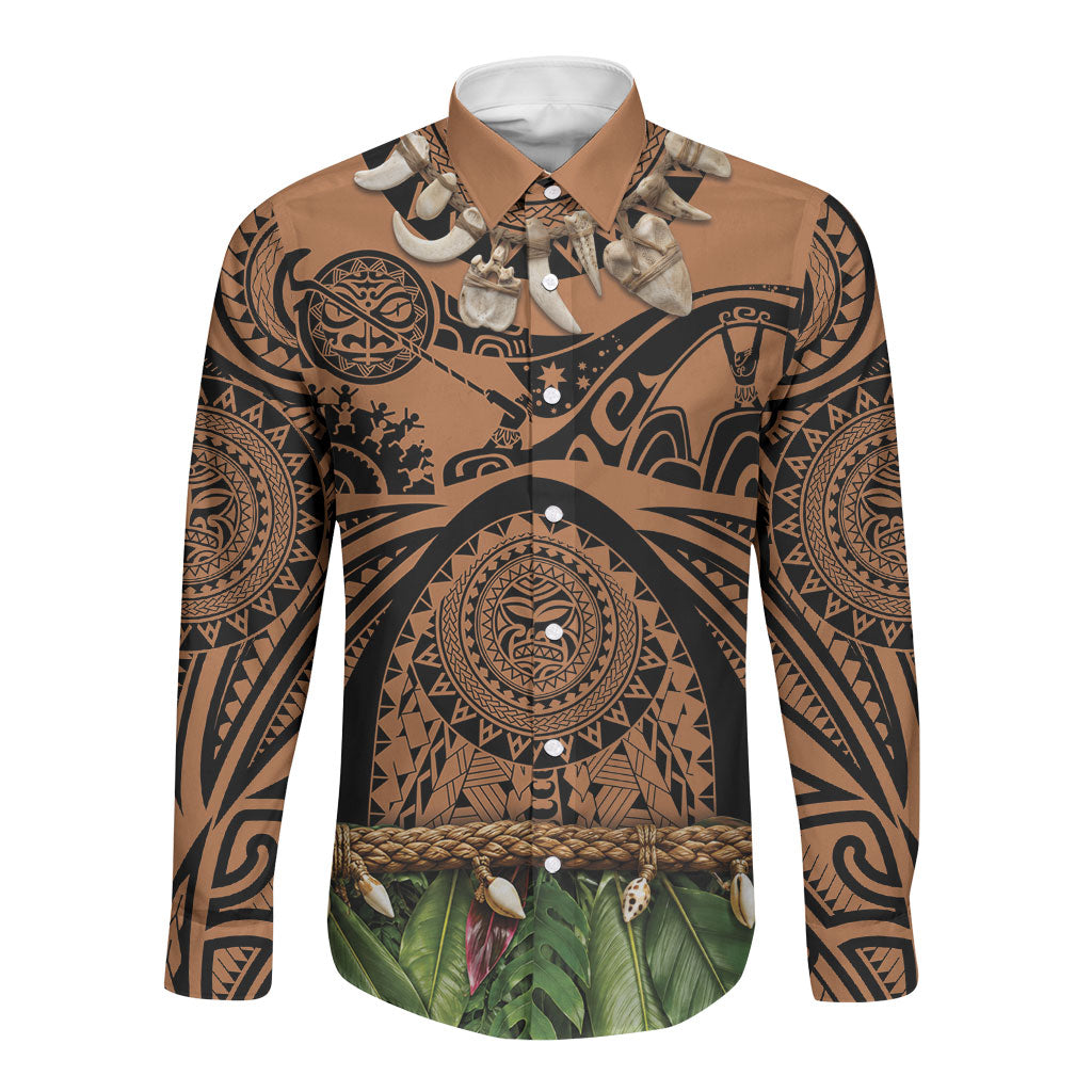 Polynesia Maui Tattoo Inspired Long Sleeve Button Shirt Tropical Leaf Skirt Costume DT05 Unisex Beige - Polynesian Pride