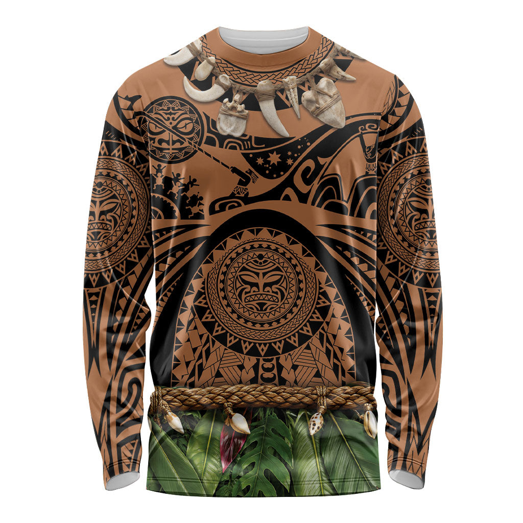 Polynesia Maui Tattoo Inspired Long Sleeve Shirt Tropical Leaf Skirt Costume DT05 Unisex Beige - Polynesian Pride
