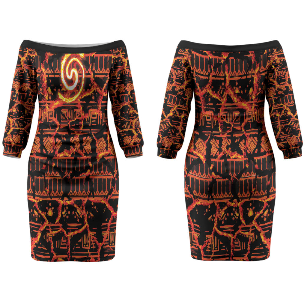 Polynesia Lava Monster Cosplay Couples Matching Off The Shoulder Long Sleeve Dress and Long Sleeve Button Shirt Fiery Glowing Volcano Crack Pattern