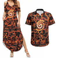Polynesia Lava Monster Cosplay Couples Matching Summer Maxi Dress and Hawaiian Shirt Fiery Glowing Volcano Crack Pattern