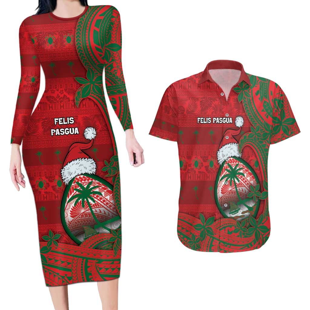 Guam Christmas Couples Matching Long Sleeve Bodycon Dress and Hawaiian Shirt Chamorro Seal Hat Santa Tribal Waves - Polynesian Pride