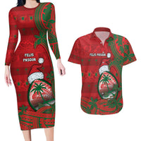 Guam Christmas Couples Matching Long Sleeve Bodycon Dress and Hawaiian Shirt Chamorro Seal Hat Santa Tribal Waves - Polynesian Pride