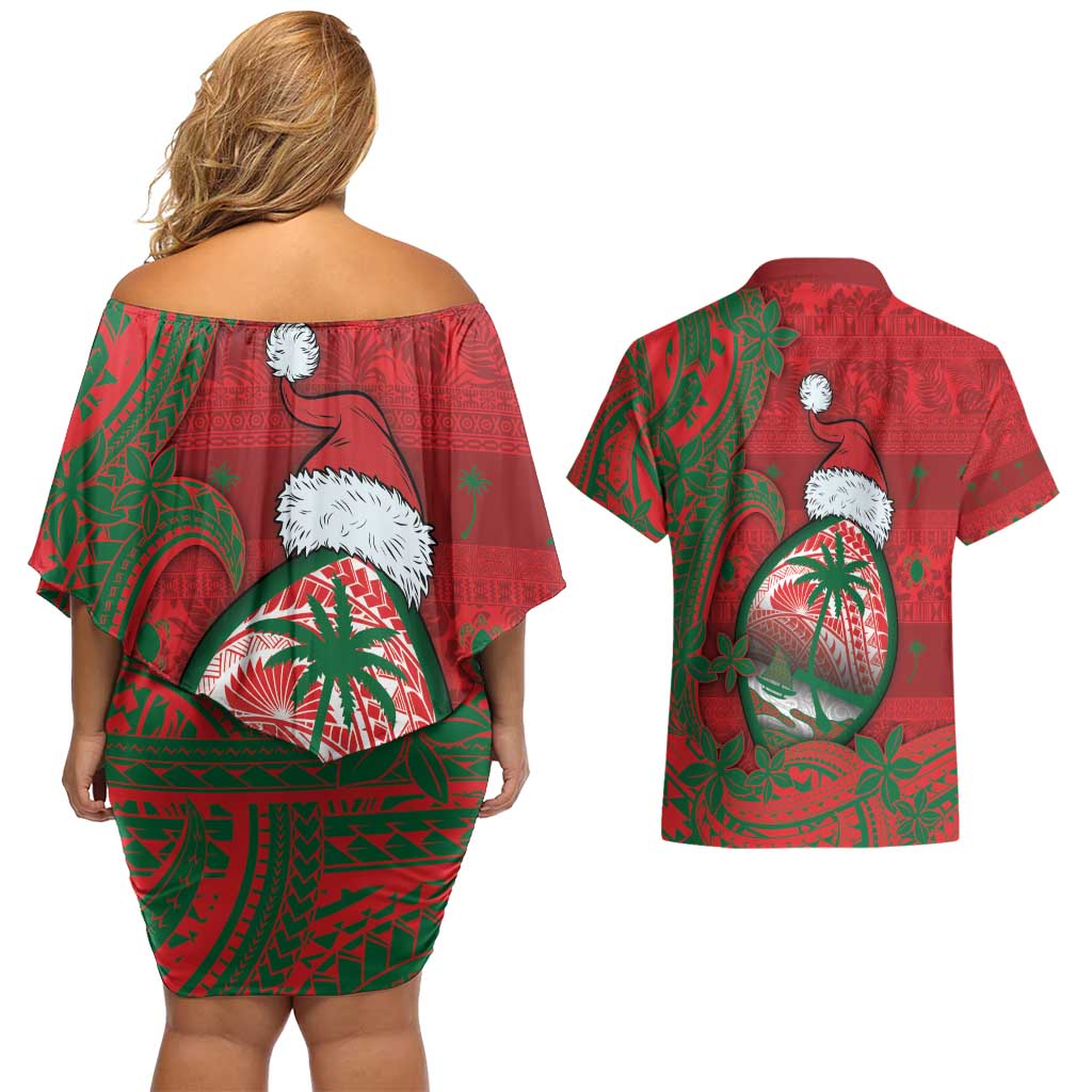 Guam Christmas Couples Matching Off Shoulder Short Dress and Hawaiian Shirt Chamorro Seal Hat Santa Tribal Waves - Polynesian Pride
