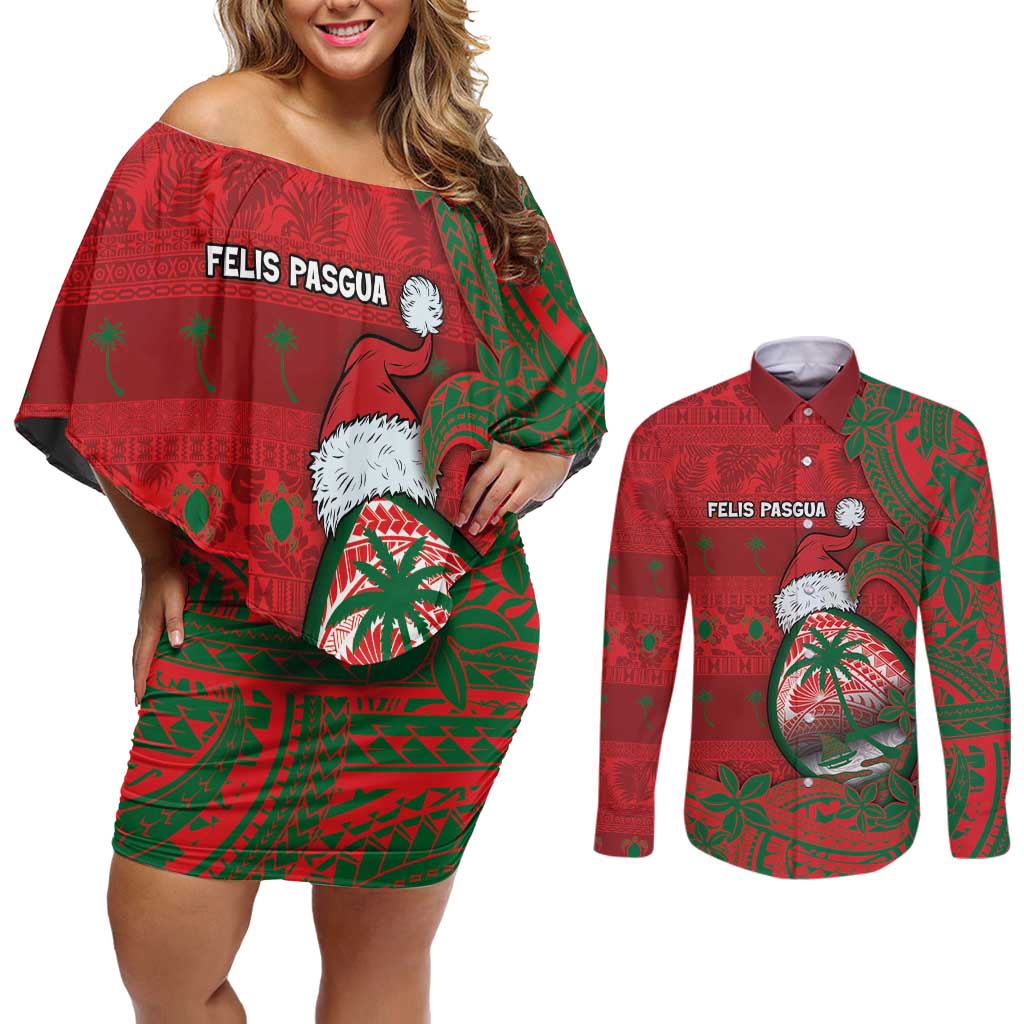 Guam Christmas Couples Matching Off Shoulder Short Dress and Long Sleeve Button Shirt Chamorro Seal Hat Santa Tribal Waves - Polynesian Pride