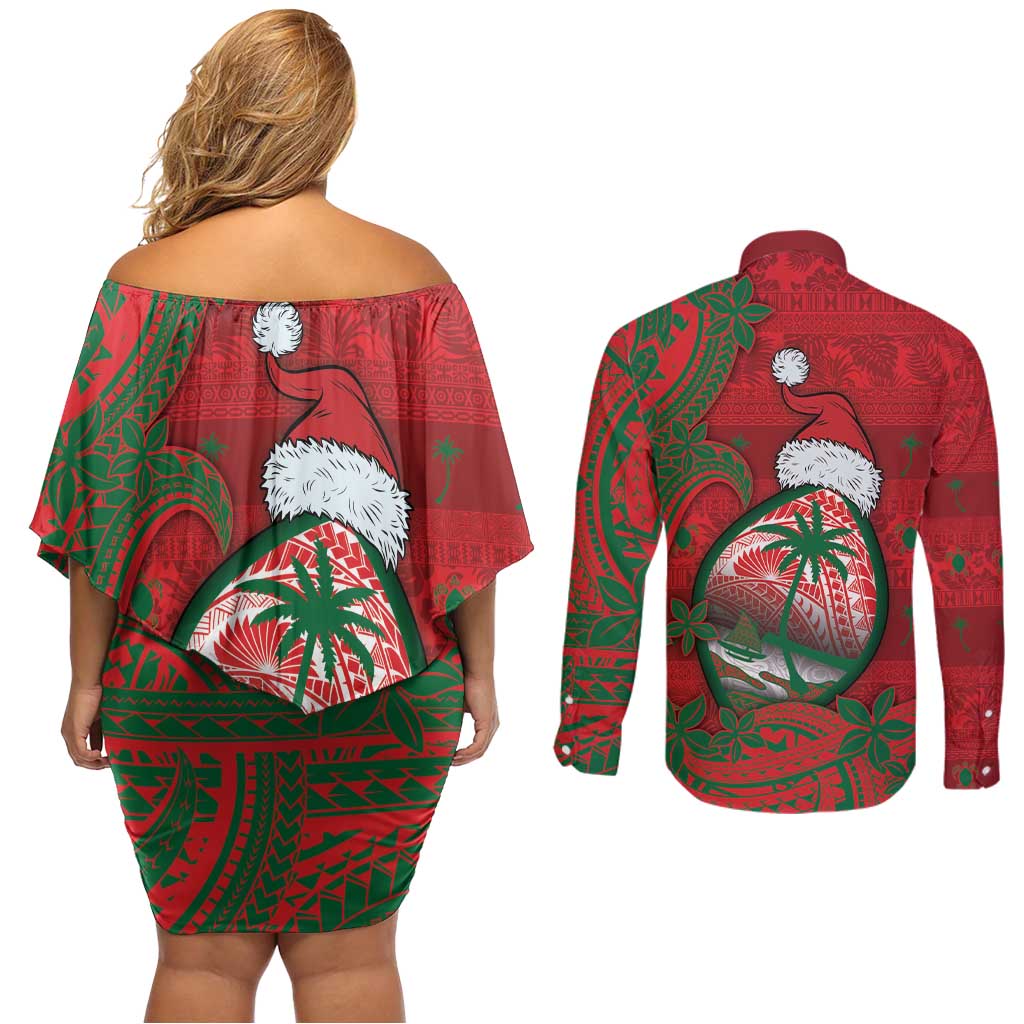 Guam Christmas Couples Matching Off Shoulder Short Dress and Long Sleeve Button Shirt Chamorro Seal Hat Santa Tribal Waves - Polynesian Pride