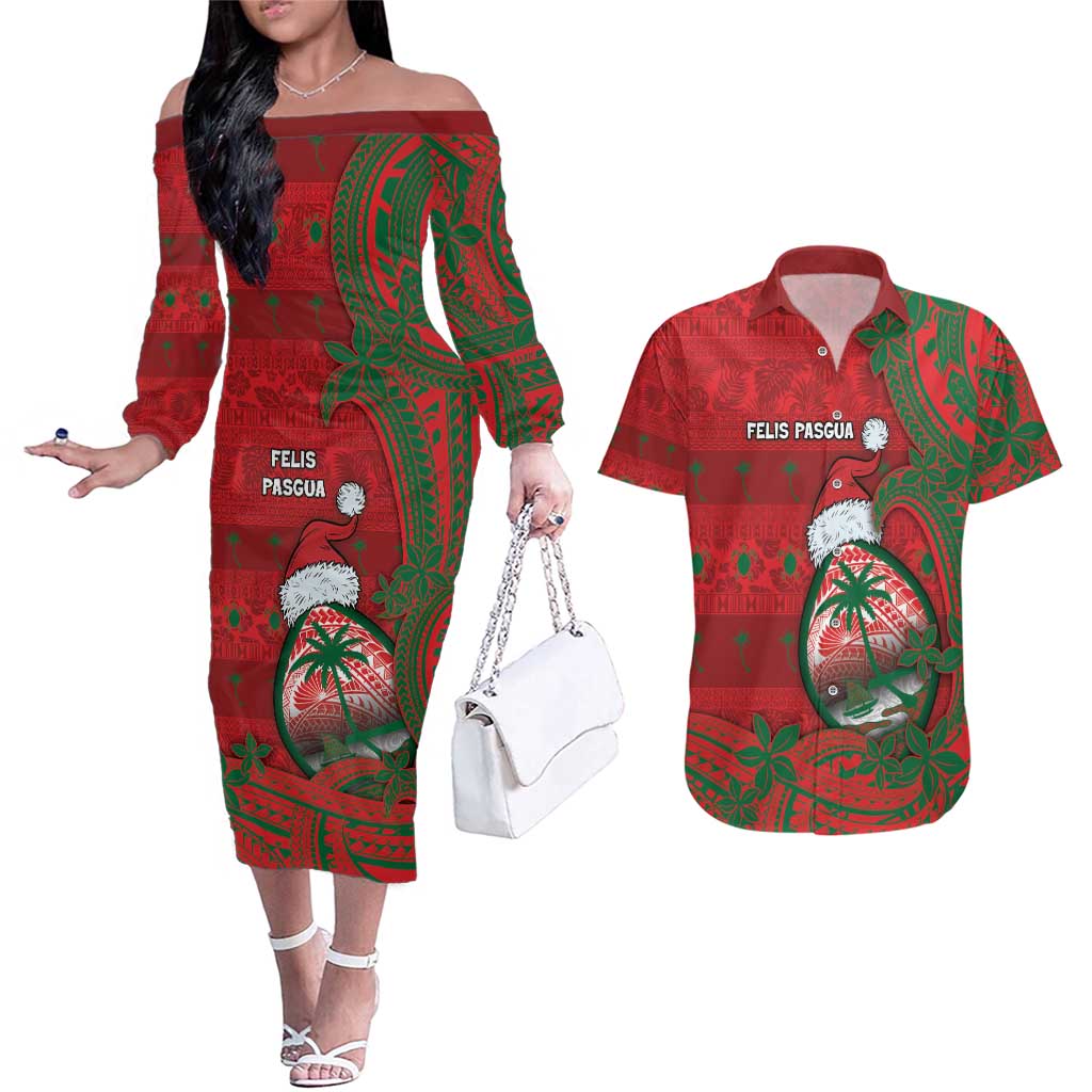 Guam Christmas Couples Matching Off The Shoulder Long Sleeve Dress and Hawaiian Shirt Chamorro Seal Hat Santa Tribal Waves - Polynesian Pride