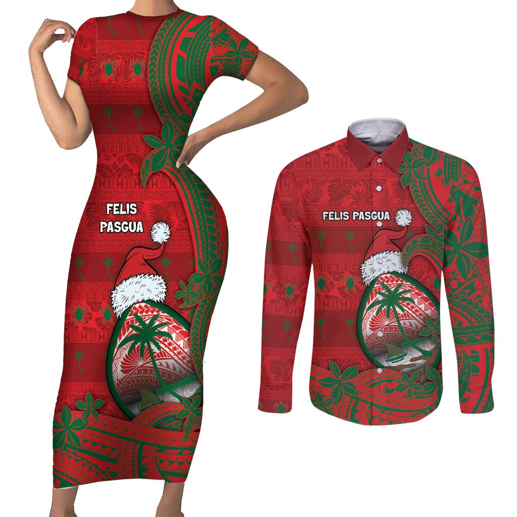 Guam Christmas Couples Matching Short Sleeve Bodycon Dress and Long Sleeve Button Shirt Chamorro Seal Hat Santa Tribal Waves - Polynesian Pride