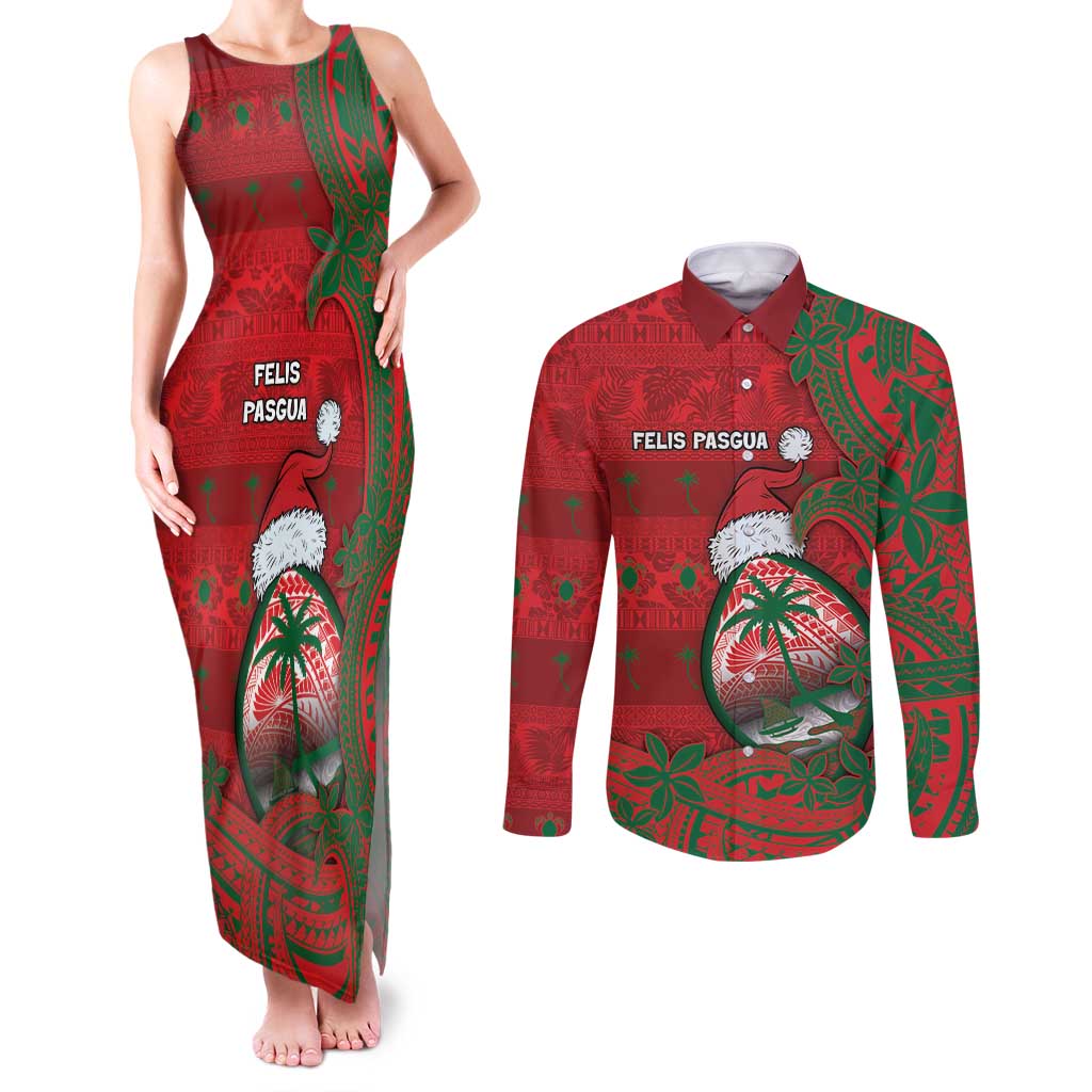 Guam Christmas Couples Matching Tank Maxi Dress and Long Sleeve Button Shirt Chamorro Seal Hat Santa Tribal Waves - Polynesian Pride