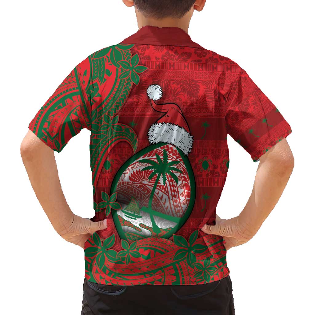 Guam Christmas Family Matching Off Shoulder Maxi Dress and Hawaiian Shirt Chamorro Seal Hat Santa Tribal Waves - Polynesian Pride
