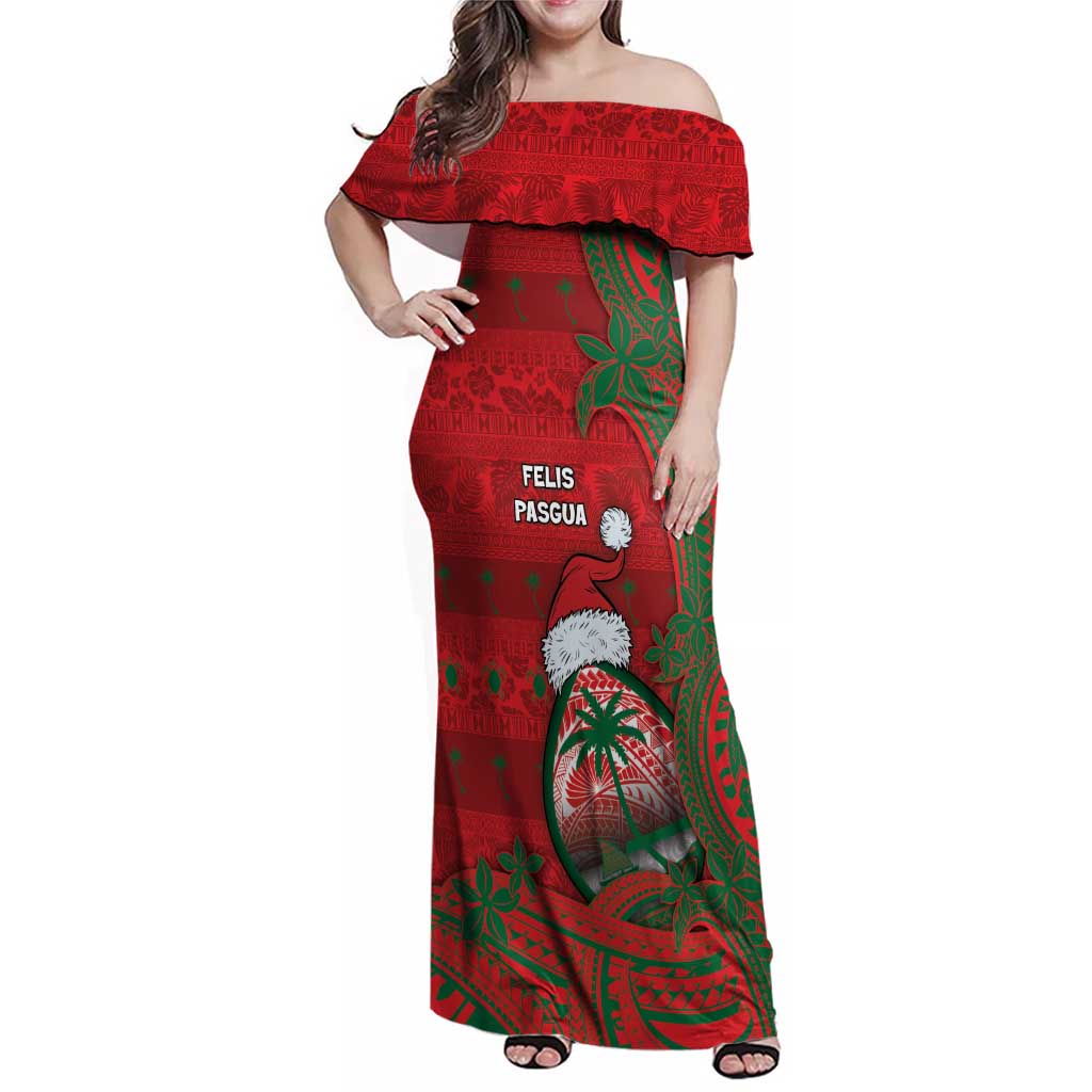 Guam Christmas Family Matching Off Shoulder Maxi Dress and Hawaiian Shirt Chamorro Seal Hat Santa Tribal Waves - Polynesian Pride