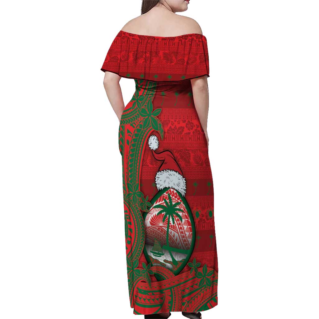 Guam Christmas Family Matching Off Shoulder Maxi Dress and Hawaiian Shirt Chamorro Seal Hat Santa Tribal Waves - Polynesian Pride