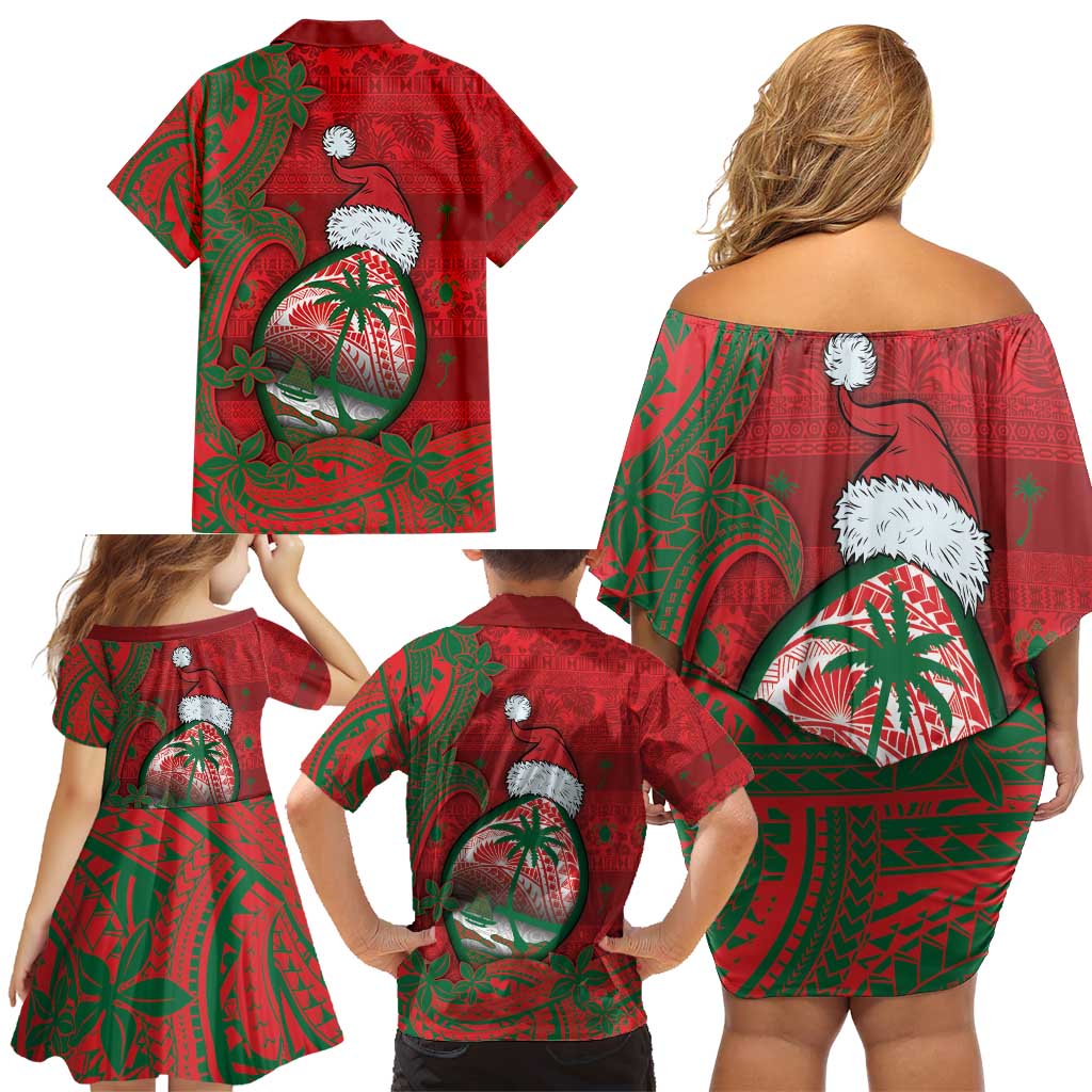 Guam Christmas Family Matching Off Shoulder Short Dress and Hawaiian Shirt Chamorro Seal Hat Santa Tribal Waves - Polynesian Pride
