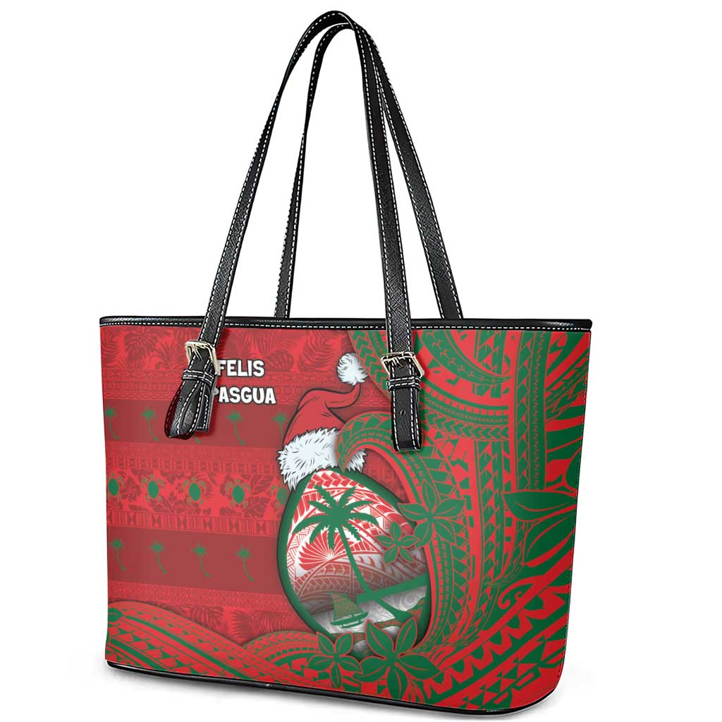 Guam Christmas Leather Tote Bag Chamorro Seal Hat Santa Tribal Waves - Polynesian Pride