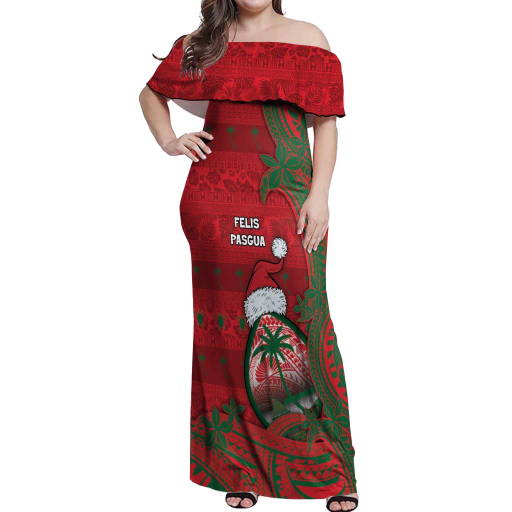 Guam Christmas Off Shoulder Maxi Dress Chamorro Seal Hat Santa Tribal Waves - Polynesian Pride